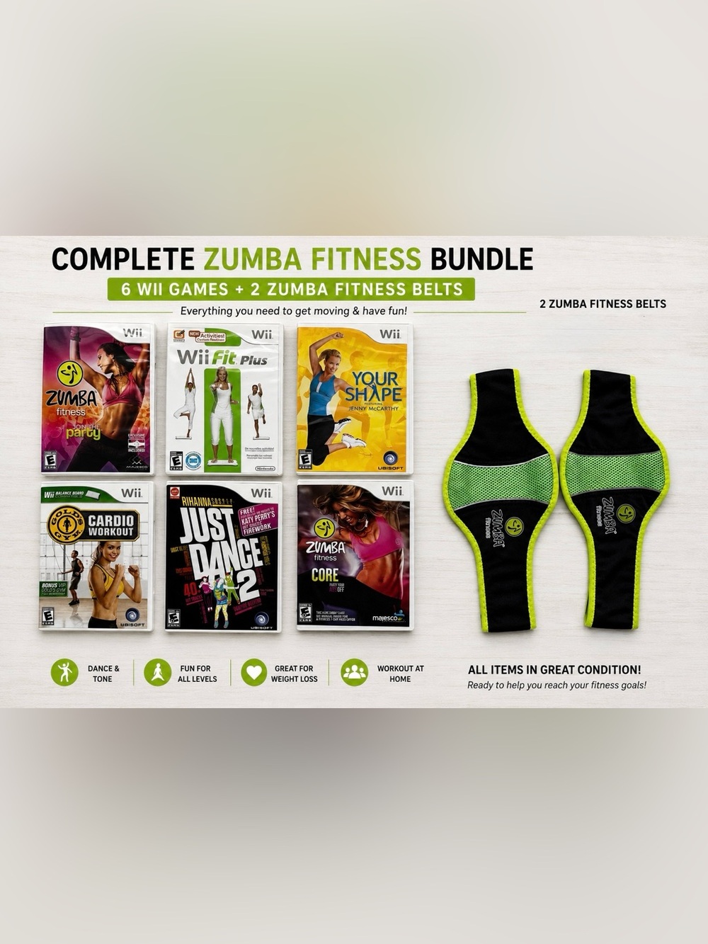 Nintendo Wii Fitness & Dance Bundle – 6 Games + 2 official Zumba Fitness Belts